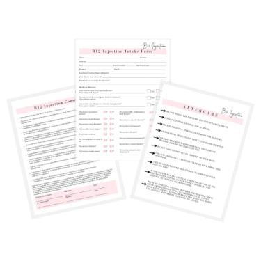 Imagem de Formulário de ingestão de injeção, consentimento e pós-tratamento B12 | Pacote com 75 | Formulários A1 de 21,6 x 28 cm | Assinatura do cliente | Pacote de formulários de cliente | Design branco e rosa