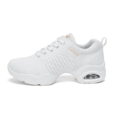 Imagem de SECHRITE Tênis feminino de dança Jazz com cadarço e sola dividida Zumba, Branco acolchoado, 8.5 Women/7.5 Men