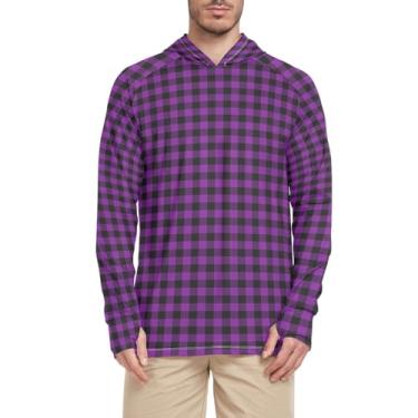 Imagem de Camiseta masculina xadrez creme com capuz proteção UV manga longa com capuz FPS 50+Rash Guard masculina UV adulto Rash Guards, Buffalo roxo, M