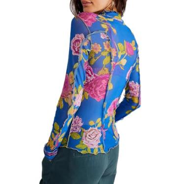 Imagem de Camiseta feminina de malha com estampa floral, manga comprida, gola redonda, transparente, acabamento de alface, transparente, Y2k, blusa de verão, Uma blusa floral azul, P