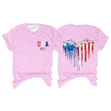 Imagem de Camiseta feminina com bandeira da América, roupa do quarto de julho, roupa do Memorial Day, camiseta patriótica feminina de manga curta, #2 - Rosa, P