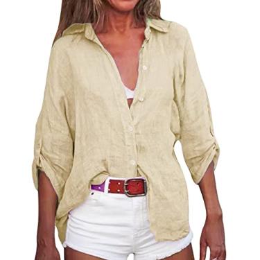 Imagem de Camisa feminina com botão e gola V, casual, linho, algodão, enrolar, manga comprida, caimento solto, blusa lisa, Caqui, GG