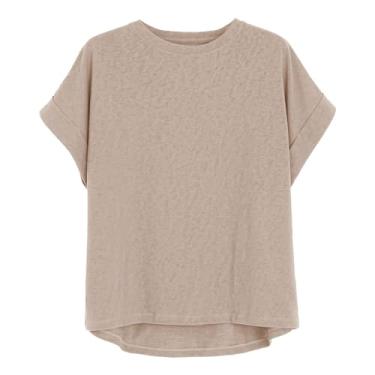Imagem de Blusas femininas de linho de algodão manga curta camisas de verão gola redonda casual para trabalho camisetas boho, Caqui, M