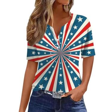 Imagem de Camiseta feminina com bandeira americana patriótica do Dia da Independência com botões e gola V 2024 Túnica gráfica de 4 de julho, Azul-celeste, GG