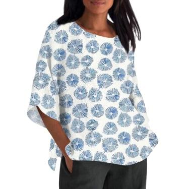 Imagem de Camiseta feminina de linho com manga 3/4 grande, estampa floral, gola redonda, casual, confortável, Azul-celeste, P