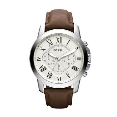 Imagem de Fossil Relógio masculino Grant com cronógrafo ou mostrador automático e pulseira de couro genuíno ou aço inoxidável, Prata, marrom, One Size, FS4735IE