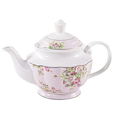 Imagem de Pulchritudie Bule de chá inglês de porcelana rosa azaleia, pote de café, borda dourada, peso leve, 1,05 g