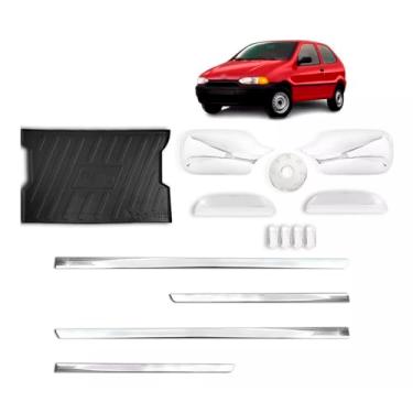 Imagem de Kit Apliques Maçanetas laterais + Tampa de combustível + retrovisores direito e esquerdo + Tampas de válvulas de pneu cromadas + Protetor de porta malas + Friso inferior Slim Palio 2 Portas 1996/2000