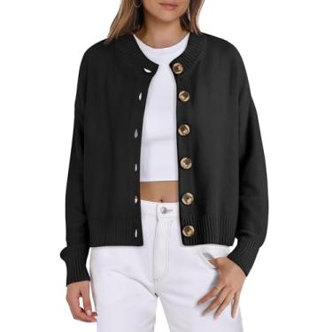 Imagem de ioiohahaun Cardigã feminino de tricô, jaqueta cropped de manga comprida com botões na frente aberta, Preto, P