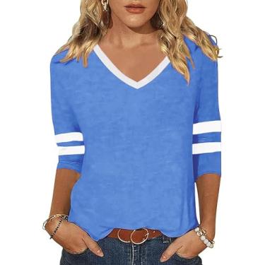 Imagem de ZUNQKG Camiseta feminina gola V manga 3/4 raglã patchwork macio casual moderno verão blusa tops tops, 01 - azul claro, G