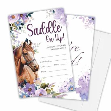Imagem de Nuckxy Convite de aniversário de cavalo floral (10 x 15 cm), sela para cima! Convites frente e verso, adolescentes, 20 convites de aniversário com envelopes, decoração de festa e suprimentos - A01