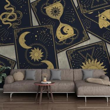 Imagem de Papel de parede de tarô azul marinho preto descasque e cole 376 cm L x 238 cm A lona vintage gótico mural de parede sol/lua/estrela design de cartão de tarô Boho papel de parede autoadesivo para sala