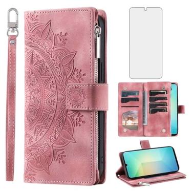 Imagem de Asuwish Capa de telefone para Samsung Galaxy A06 capa carteira com protetor de tela de vidro temperado alça de pulso mandala flor couro flip zíper celular A 06 GalaxyA06 mulheres homens ouro rosa