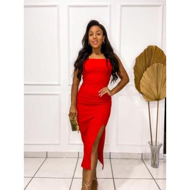 Imagem de Vestido Canelado Midi Tecido Anaruga Justo Lápis Fenda Elegante Moda V
