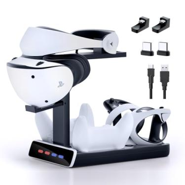 Imagem de Base de carregamento de controle 3 em 1 para PSVR2 e PS5, suporte de realidade virtual com luz LED, acessórios para jogos de base de armazenamento PS5 VR2, 4 fechos magnéticos e cabo tipo C