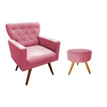 Imagem de Kit Poltrona Decorativa Aurora + 1 Puff Redondo Suede Rosa Pés Madeira