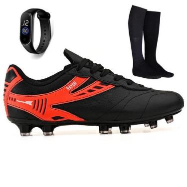 Imagem de Kit Chuteira de Couro Futebol Campo Grama Natural + Meião + Relogio Ad