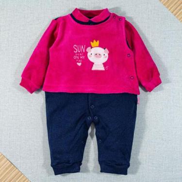Imagem de Macacão para Bebê Híbrido Suedine Com Plush Bordado Porquinha Pig Pink