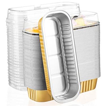 Imagem de EUSOAR Copos de cozimento com tampas, 100 peças 192,8 g 16,5 x 6,3 x 3 cm folha de alumínio descartável ouro ramekins assadeira forma com tampas, recipientes de cupcake embalagens de cheesecake creme Brulee Ramekins Pan