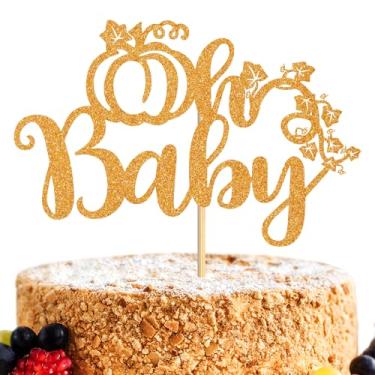 Imagem de Topo de bolo laranja com glitter abóbora Oh Baby, Welcome Baby/a Little Pumpkin is On the Way, chá de bebê de abóbora de Halloween/suprimentos de decoração de festa revelação de gênero