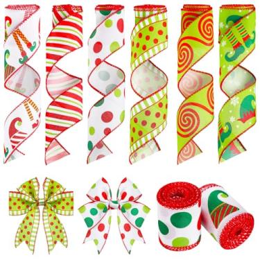 Imagem de 6 rolos, 30 metros de fita de Natal com fio de elfo chapéus e pernas multipontos redemoinho faixa diagonal fita de festa em casa laços decoração para árvore de Natal guirlanda de presente artesanato