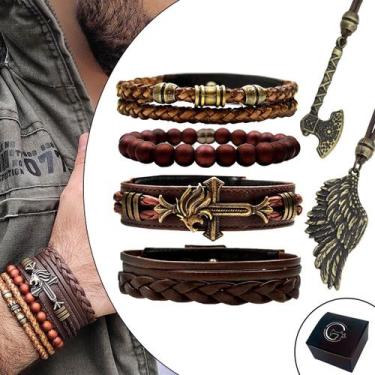 Imagem de Pulseiras Masculinas Kit C/04 Leão Marrom + 2 Colares Machado Asas Top