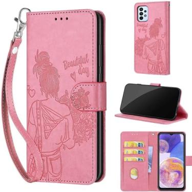 Imagem de Capa carteira projetada para Samsung Galaxy A23 5G, capa flip feminina com suporte de couro PU em relevo, compartimentos para cartões de crédito, alça de pulso, capa para celular para Samsung A23