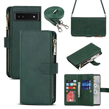 Imagem de iCoverCase Capa carteira para Google Pixel 6a com suporte para cartão, capa de couro PU com cordão transversal ajustável, fecho magnético com zíper e bolso (verde)