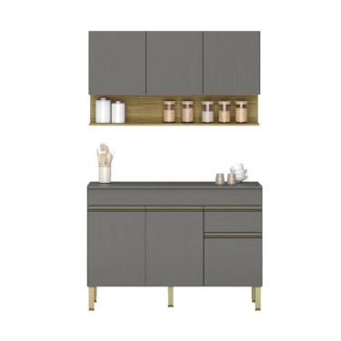 Imagem de Kit Balcão De Pia Com Tampo E Aereo 120 Cm 6 Portas 1 Gaveta Line Gris gris cp freijó