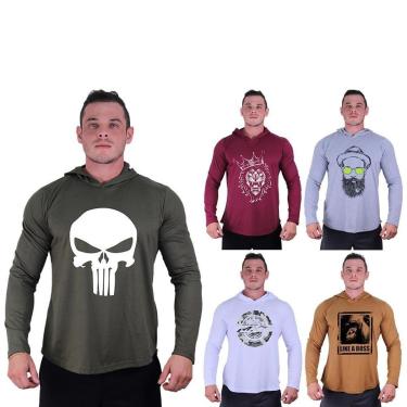 Imagem de Kit 5 Camisetas Manga Longa com Touca Longline Estampada Treino Academia Lazer Casual-Masculino
