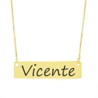Imagem de Colar Nome Personalizado Chapinha Gravação Vicente Banhado Ouro 18K - 