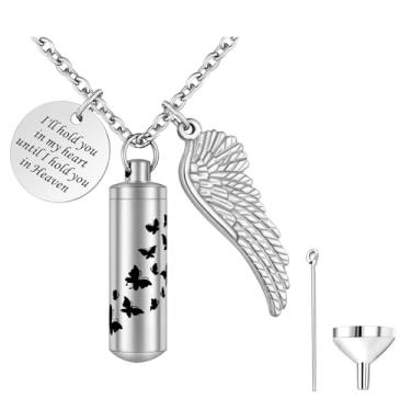 Imagem de Miity Haiy Joias de cremação cilíndrica para cinzas de aço inoxidável borboleta asa de anjo pingente de lembrança urna memorial para animais de estimação humanos, Aço inoxidável, Sem Pedra Preciosa