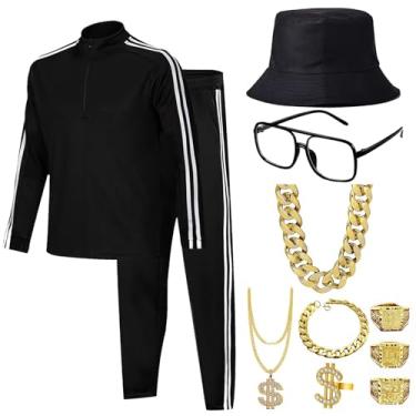 Imagem de Mprocen Fantasias masculinas dos anos 80 roupas de treino retrô legal da velha escola chapéu rapper hip hop roupa festa dia das bruxas, Preto, M