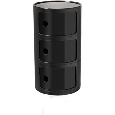 Imagem de Mesa de cabeceira redonda de plástico de 2/3/4 níveis de armazenamento com gavetas e porta deslizante armário de cabeceira moderno nórdico para quarto, preto, 32 x 58 cm