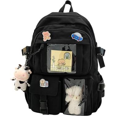 Imagem de Linda mochila pastel, mochila kawaii para meninas adolescentes, bolsas de estudante estéticas com alfinete kawaii e acessórios fofos, bolsa de livro, preto-c