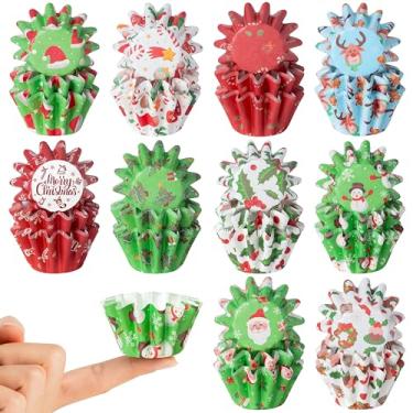 Imagem de COcnny Mini forros de cupcake de Natal - 200 peças de papel de embrulho para bolos pequenos de Natal, boneco de neve de Papai Noel, papel de embrulho descartável resistente a gordura para fazer doces