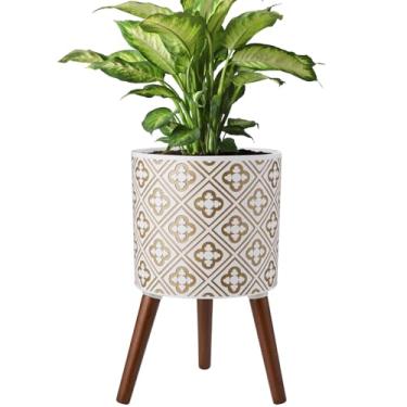 Imagem de Naclto Vaso de 30,5 cm com suporte, vaso para plantas de interior, vasos de flores grandes modernos internos e externos com drenagem para pátio de jardim doméstico, branco e dourado