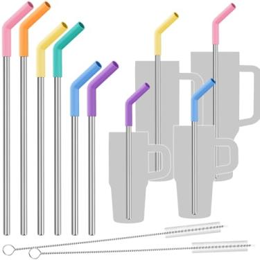 Imagem de Tomorotec Pacote com 6 canudos de aço inoxidável com 6 pontas de silicone, 3 tamanhos de canudos reutilizáveis de metal adequados para copos Stanley Quencher de 1,134 g, 850 g, 567 g, 400 ml, com 2