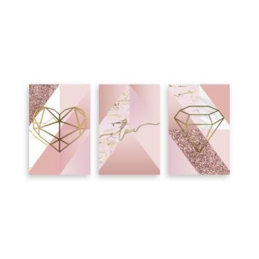 Imagem de Kit 3 Placa Decorativa Quadro Love Diamante Coração Rosa Rose Gold Ton