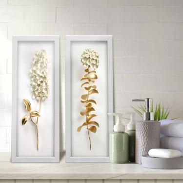 Imagem de Kit 2 Quadros Decorativos Lavabo Ramos de Flor Efeito 3D Dourado Branc