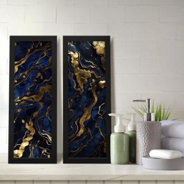 Imagem de Kit 2 Quadros Decorativos Lavabo Mármore Marmorizado Azul Dourado Mode