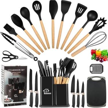 Imagem de Kit Silicone 19 Peças - Utensílios de Cozinha - Cabo de Madeira