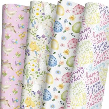 Imagem de SaringSwoon Papel de embrulho de Páscoa para crianças e adultos - Embalagem de presente de primavera com patos, coelhos, ovos, floral e feliz Páscoa em design rosa verde azul - 51 x 73 cm, 8 folhas