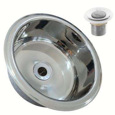 Imagem de Strake Cuba Inox 304 Redonda Embutir 20X10cm P/ Banheiros E Lavabos 320Cb Com Valvula