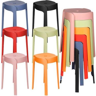 Imagem de Nosiny Pacote com 6 bancos empilháveis de plástico de 45,7 cm, bancos, empilháveis, redondos, coloridos, costas nuas, bancos de bar para casa, festa, escritório, sala de aula (multicolorida)