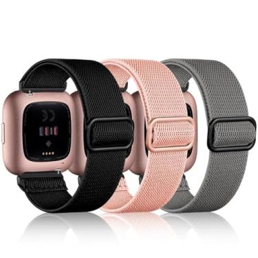Imagem de Maledan Pacote com 3 pulseiras elásticas compatíveis com Fitbit Versa 2/Fitbit Versa para homens, pulseiras de substituição de tecido de nylon elástico ajustável, preto/cinza/rosa laranja
