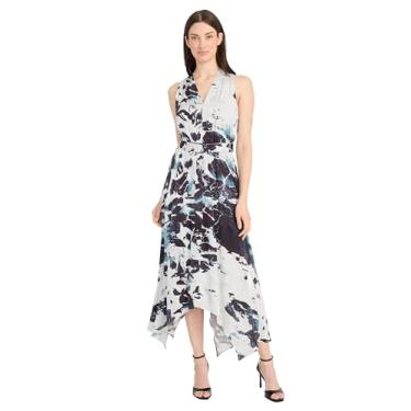 Imagem de Maggy London Vestido feminino sem mangas jacquard midi assimétrico bainha lenço ocasião especial evasê, Preto/Prata/Cinza, 34