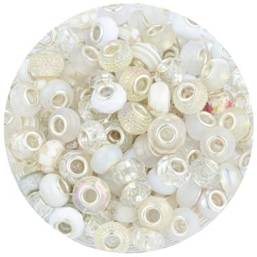 Imagem de LAIDANLA Miçangas brancas com furos grandes, 100 peças de resina redonda de estilo europeu de 15 mm, plástico, contas de artesanato de acrílico para fabricação de joias, pulseira, colar, decoração