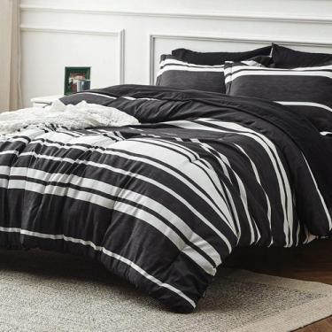 Imagem de Conjunto de edredom Bedsure Queen Size, 7 peças, preto listrado