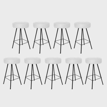 Imagem de Kit 09 Banqueta Alta Laisa Industrial Redonda Cozinha Bar Balcão Bistrô Ferro Preto Corino Branco - Ahz Móveis